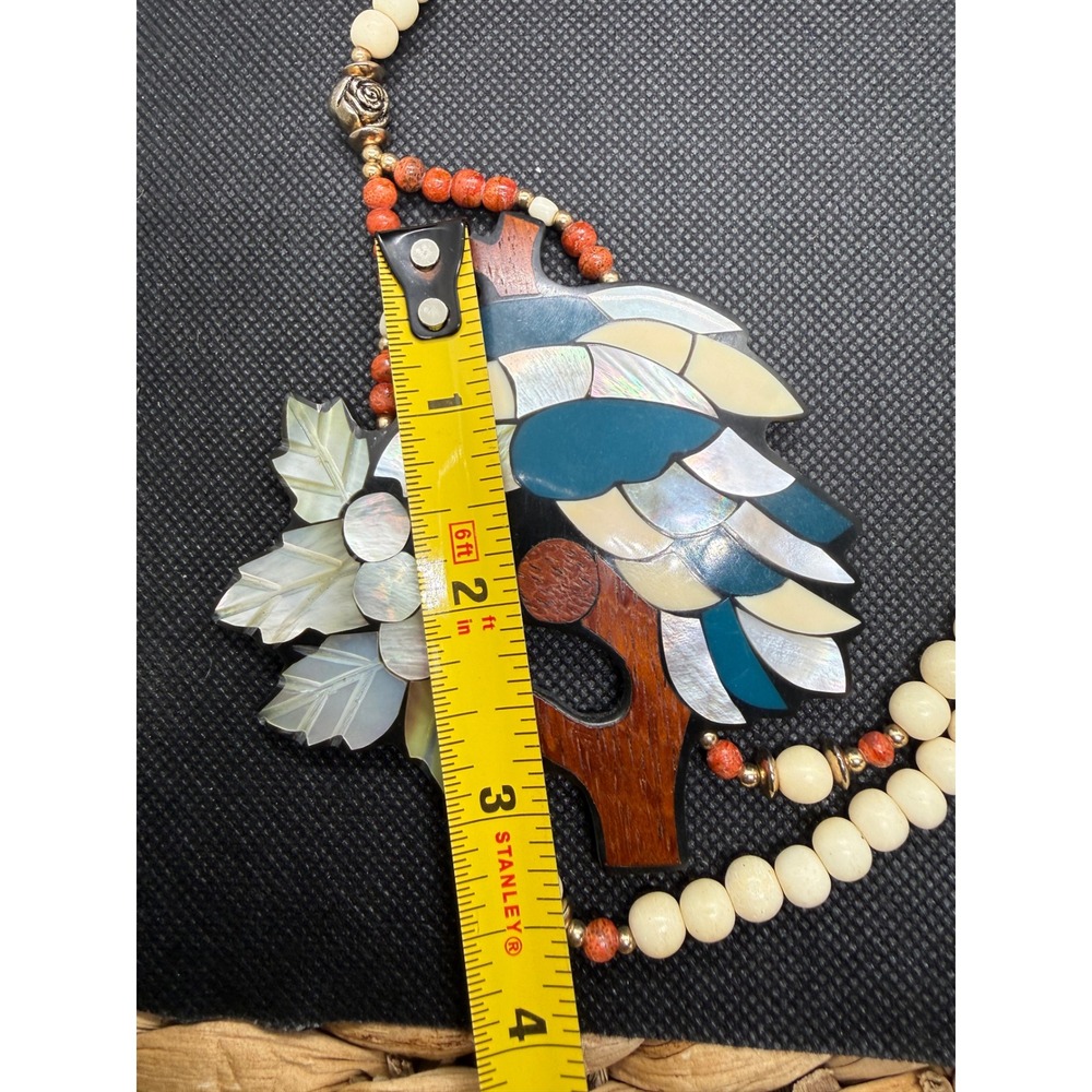Vintage Lee Sands Mother of Pearl Abalone Bird Inlay Beaded Statement Necklace - Picture 5 of 7